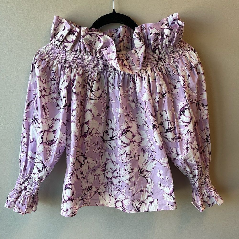 Christy Lynn Regina blouse XS floral pink purple and white off the shoulder